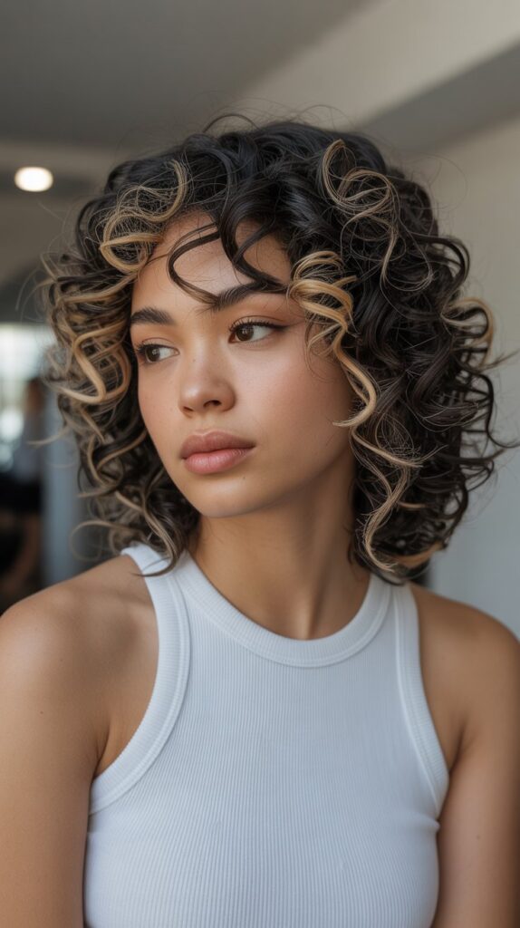 11. Blonde Highlights on Black Curly Hair