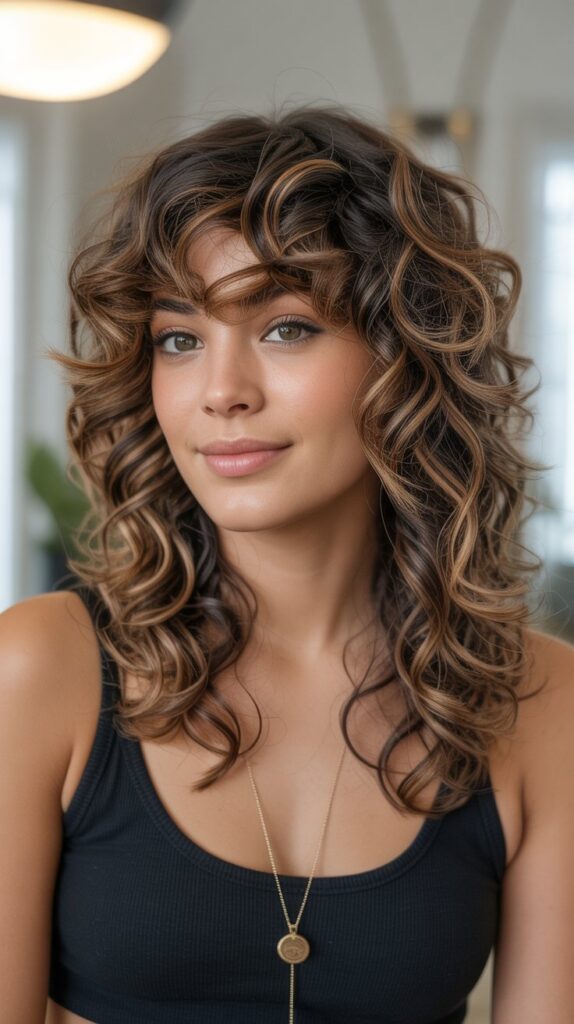 30 Caramel Highlights on Layered Brown Hair 27 7. Caramel Highlights on Curly Layers