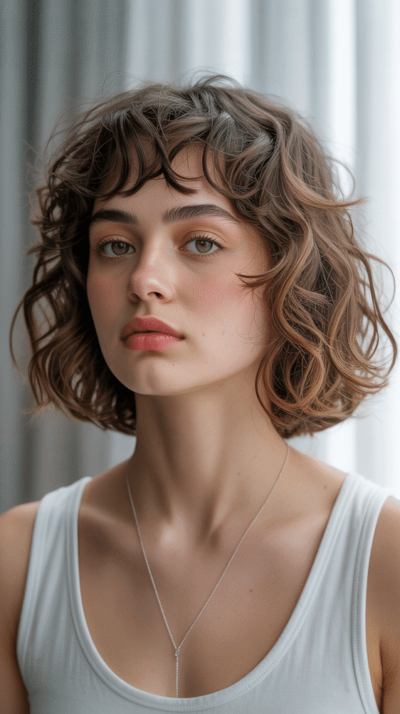 Curly Long Bob with Micro Curtain Bangs