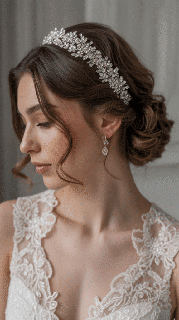 Best 33+ Updo Wedding Hairstyles for Curly Hair 15 Curly Updo with Headband Detail