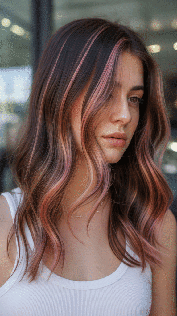 30+ Dark Brown Hair Color Ideas to Add Depth and Dimension 25 Dark Brown with Rose Gold Babylights