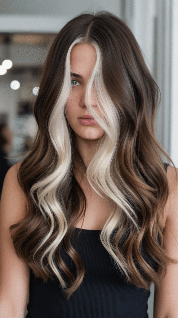 30+ Dark Brown Hair Color Ideas to Add Depth and Dimension 19 Dark Brown with Platinum Peekaboo Highlights