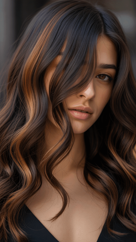 Golden Caramel Highlights on Espresso Brown Waves