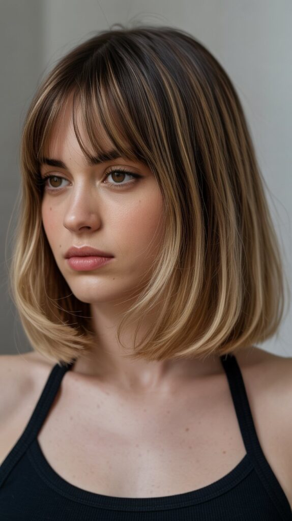 Long Bob with Curtain Bangs and Root Shadow