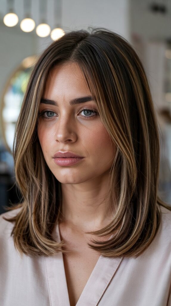 30 Stunning Long Bob with Layers and Curtain Bangs 10 Long Bob with Balayage, Soft Layers and Curtain Bangs