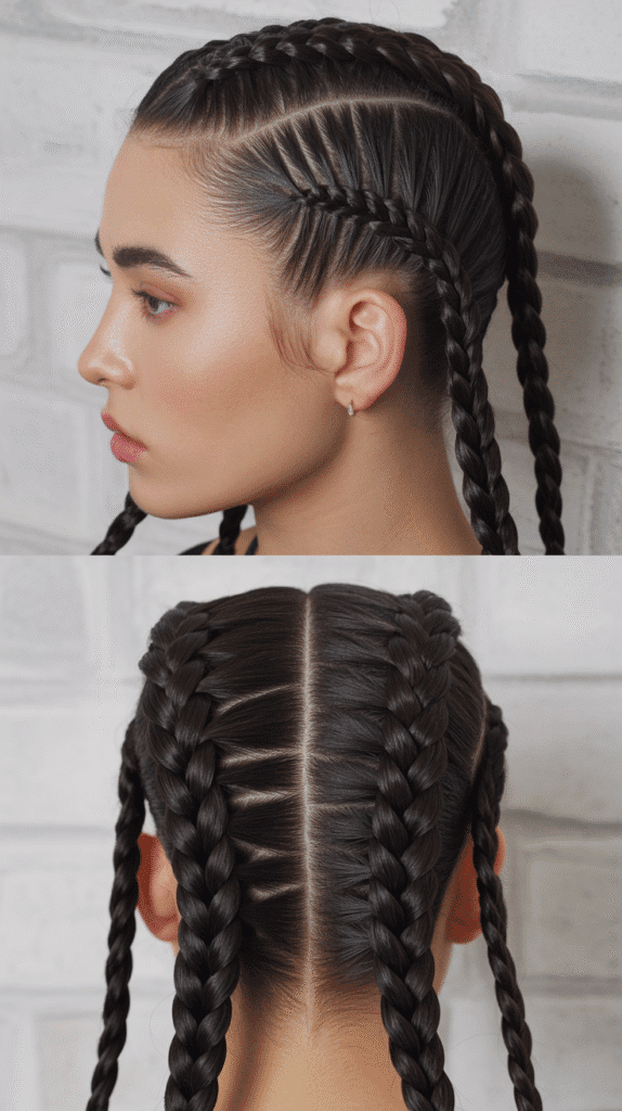 30 Winter Hair Braids Inspired by Aespa 15 Zig-Zag Part with Double Dutch Braids