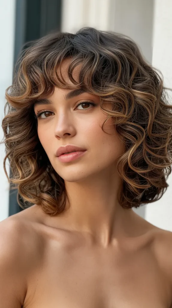 Curly Long Bob with Defined Curtain Bangs