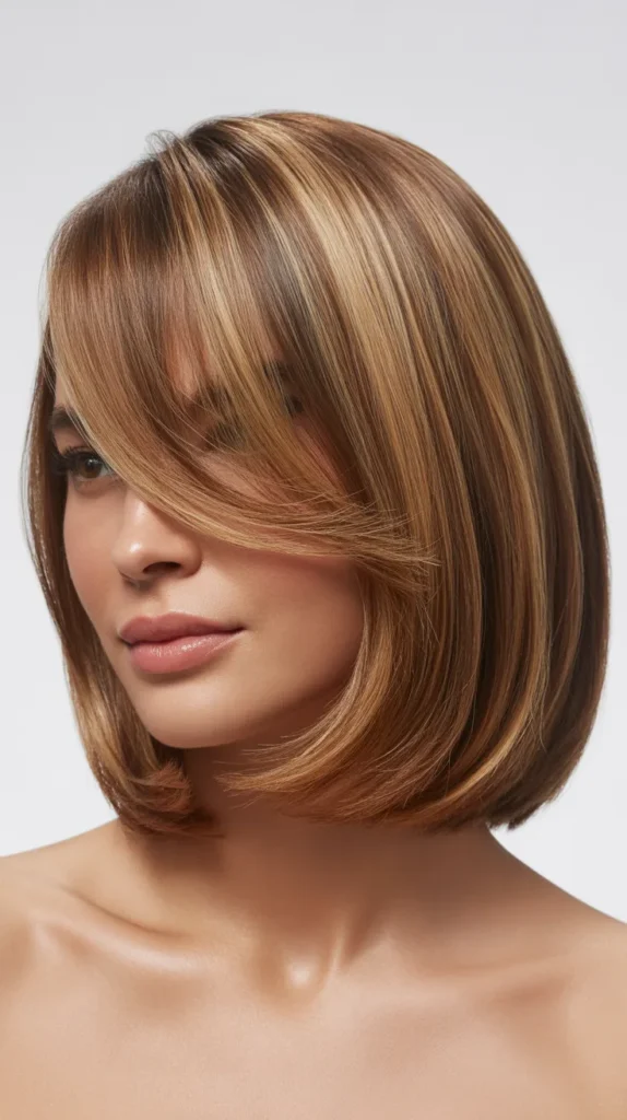 Long Bob with Feathered Side Bangs and Highlights