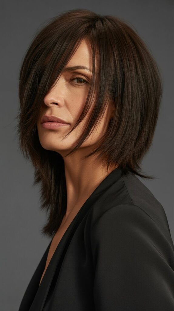 30 Stylish Long Bob with Curtain Bangs for Women Over 40 19 Long Bob with Curtain Bangs and Side Part