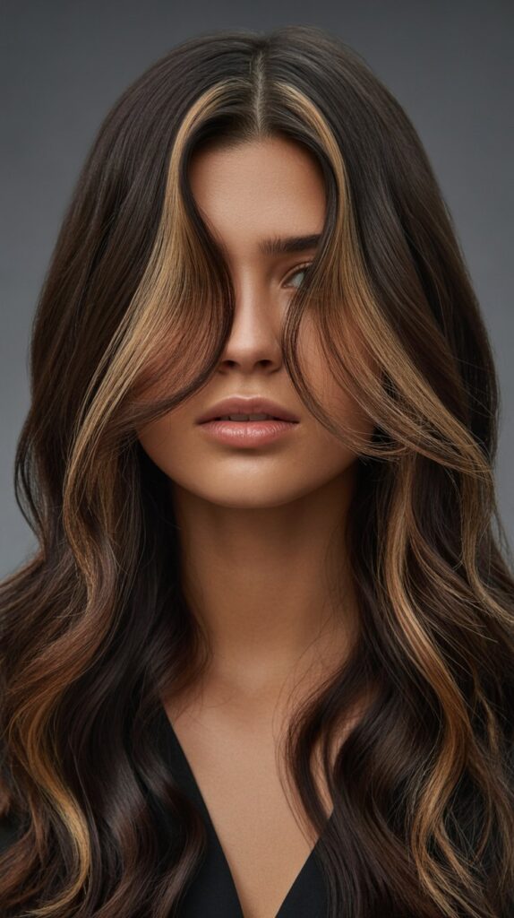 34 Trendy Brunette Balayage Hairstyles with a Money Piece 4 Espresso Brown with Caramel Ribbon Money Piece