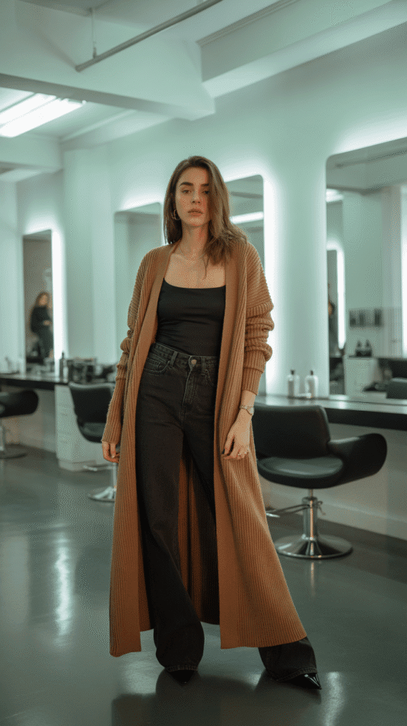 27 Stylish Hairstylist Outfits for Work in Winter 25 Maxi Cardigan with Bodysuit and Jeans