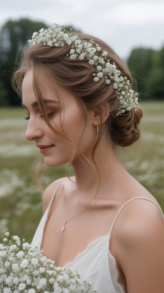 30+ Half-Up, Half-Down Wedding Hairstyles That Will Take Your Wedding Look to the Next Level 31 Half-Up with Baby's Breath