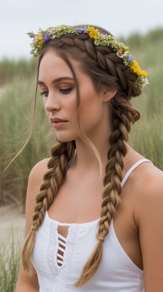 30+ Stunning Beach Wedding Hairstyles That Will Make Waves 18 Halo Braid With Center Part