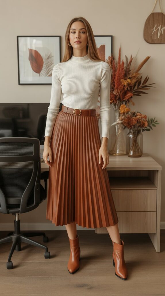33 Best Casual Fall Outfits for Women at Work 8 Mock Neck Sweater with Midi Skirt