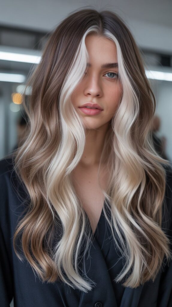 34 Trendy Brunette Balayage Hairstyles with a Money Piece 13 Mushroom Brown Balayage with Icy Blonde Money Piece