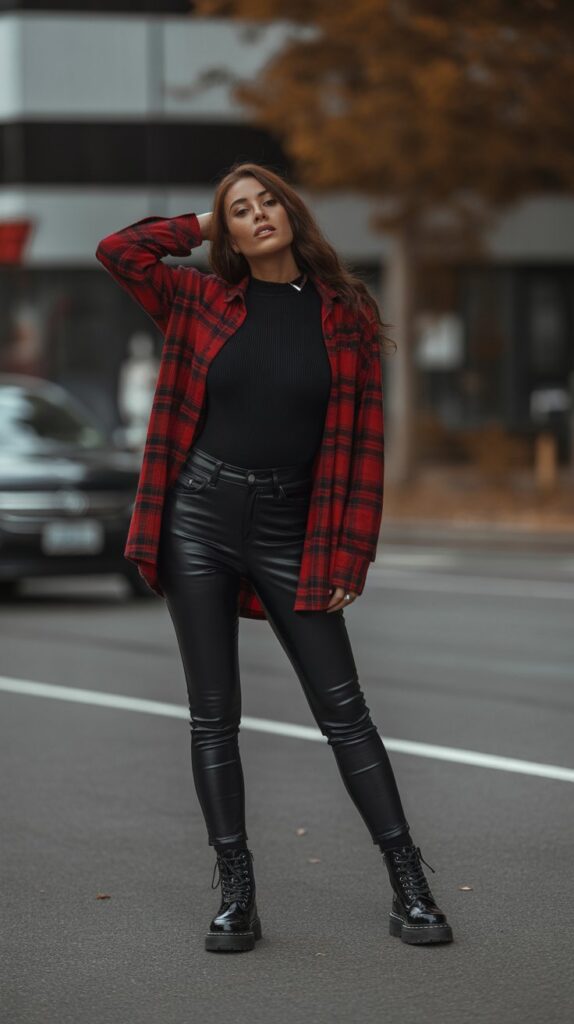 30 Best Casual Fall Outfits for Women 2025 9 Flannel Shirt with Bodysuit and Faux Leather Pants