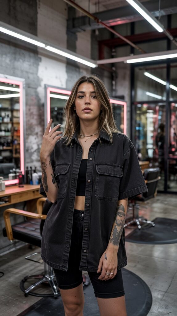 Black Utility Shirt with Black Biker Shorts