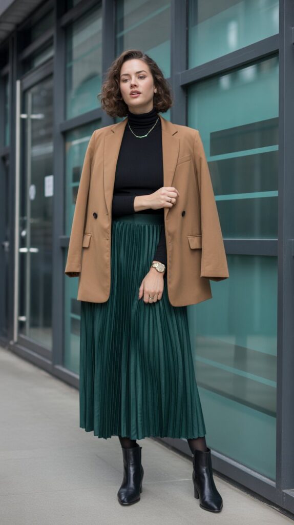 20 Stylish Winter Skirt Outfits for Women That Are Warm Yet Trendy 2 Pleated Maxi Skirt with Turtleneck and Blazer
