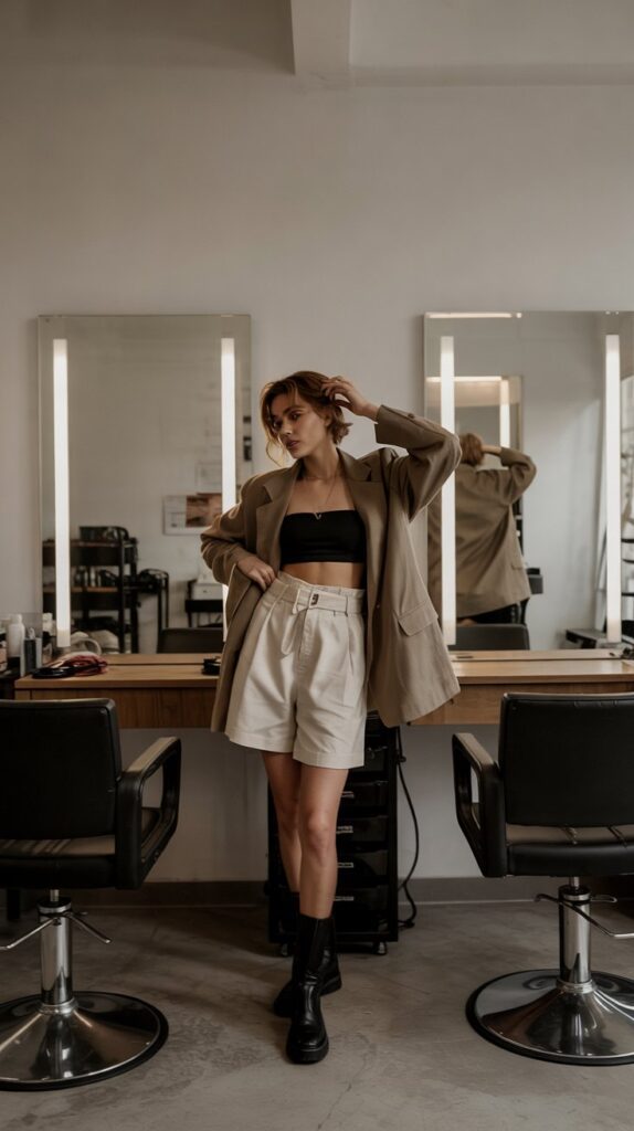 33 Polished Summer Hairstylist Outfits for Work 29 Paper Bag Shorts with Bandeau and Blazer