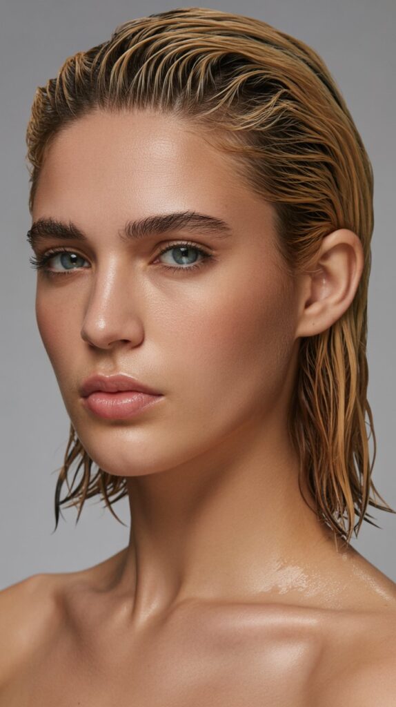 Long Bob with Curtain Bangs and Wet-Look Styling