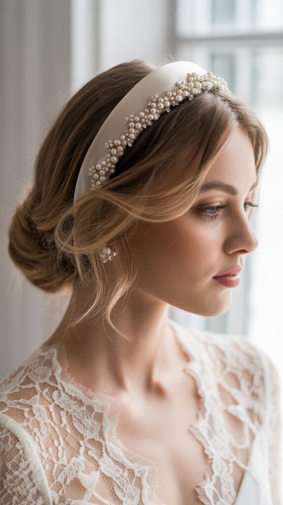 Romantic Low Chignon with Pearl Headband