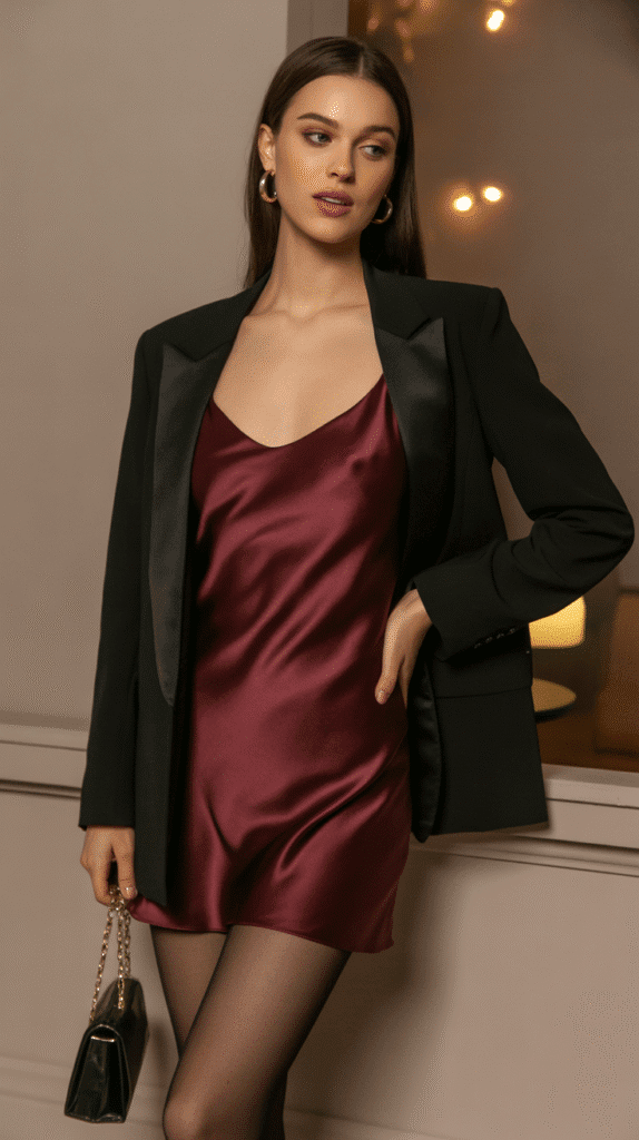 24 Elegant Winter Dress Outfits for Women for Every Occasion 14 Satin Slip Dress with Blazer and Tights