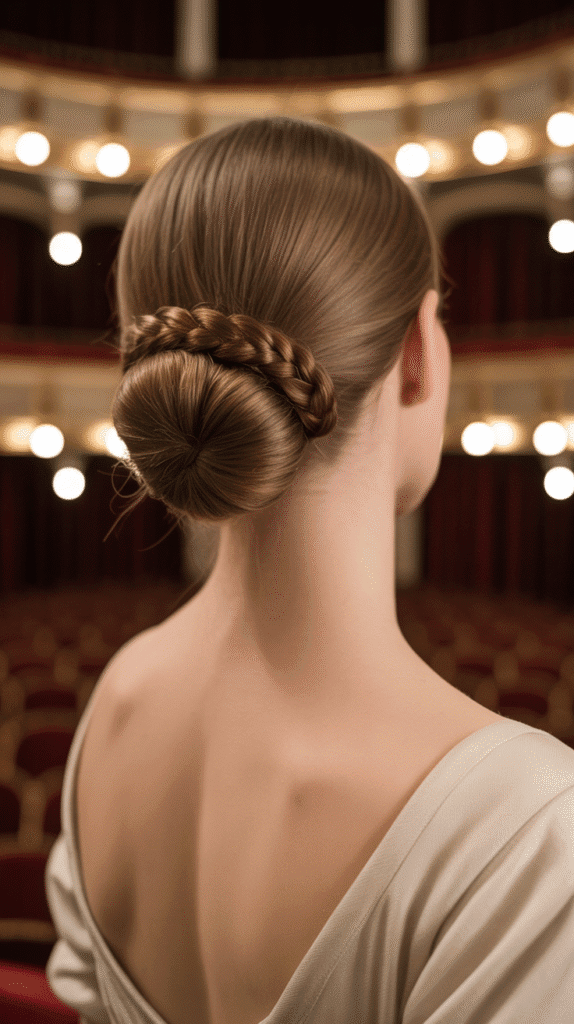 27+ Easy Wedding Guest Hairstyles for Long Hair 28 Ballerina Bun with Wrapped Braid