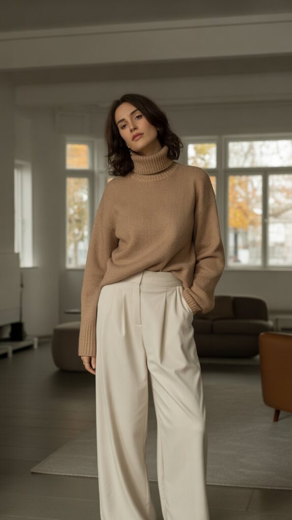 30 Best Casual Fall Outfits for Women 2025 5 Turtleneck Sweater with Wide-Leg Trousers