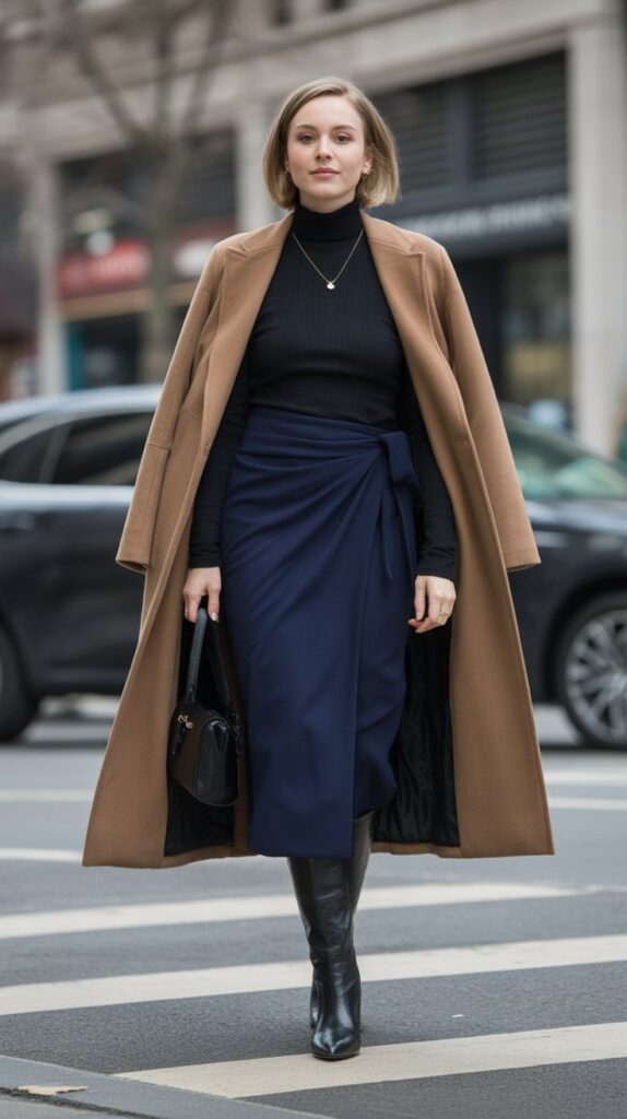 20 Stylish Winter Skirt Outfits for Women That Are Warm Yet Trendy 14 . Wrap Skirt with Thermal Top and Long Coat