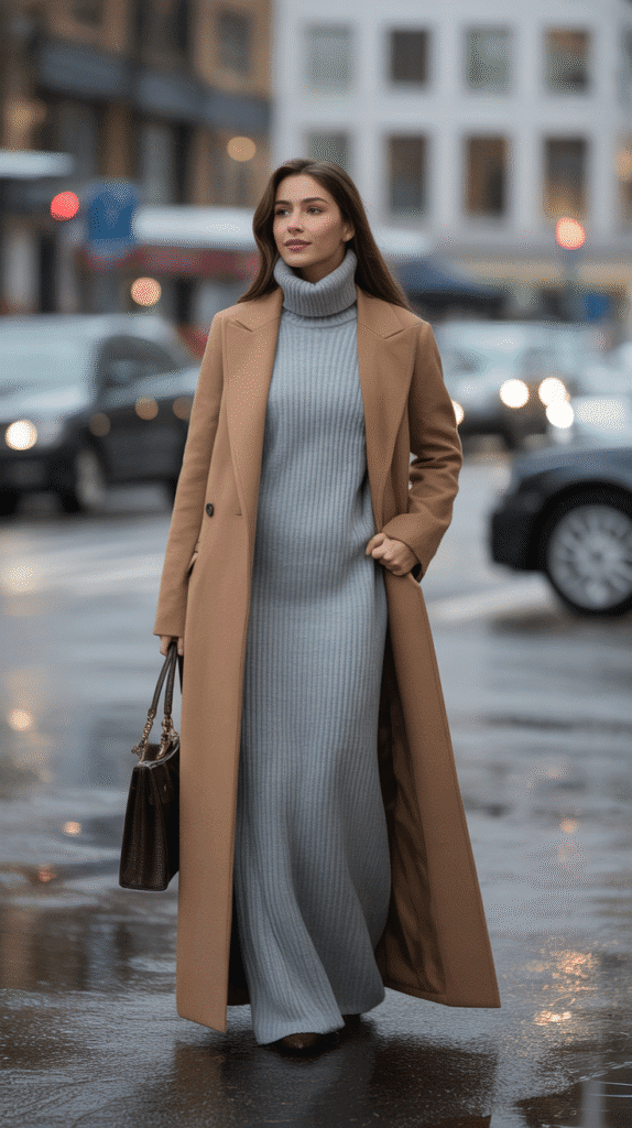 24 Elegant Winter Dress Outfits for Women for Every Occasion 11 Maxi Sweater Dress with Long Coat
