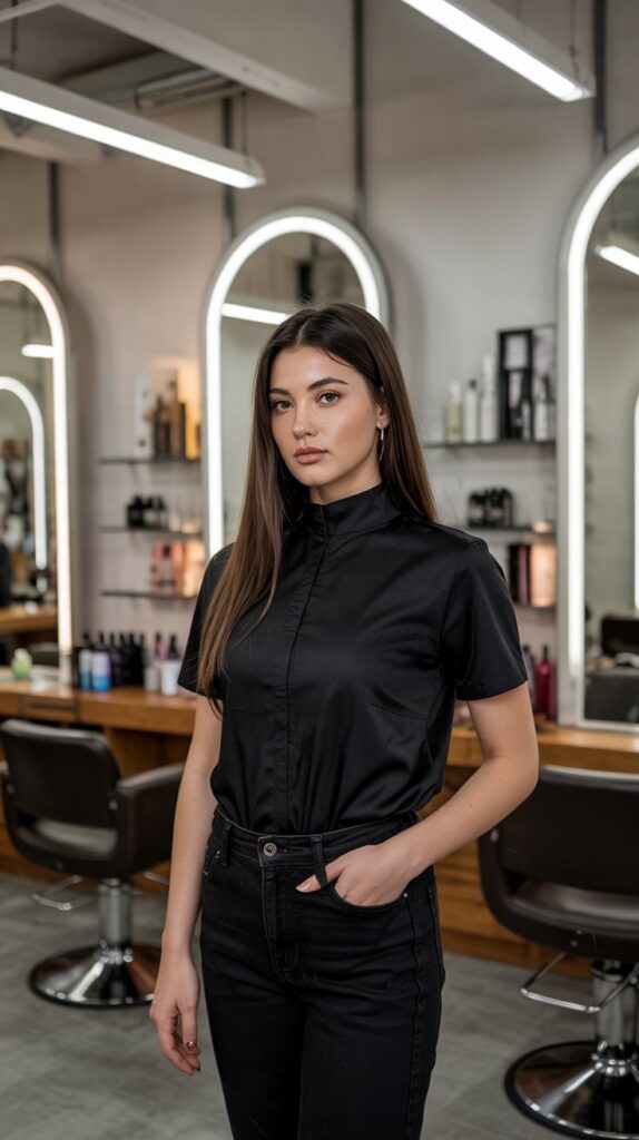 Black Mock Neck Top with Black Slim-Fit Pants