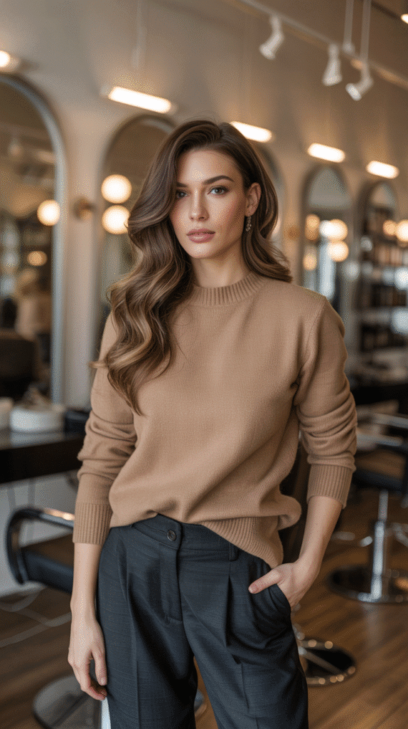 27 Stylish Hairstylist Outfits for Work in Winter 7 Cashmere Sweater with Tailored Trousers
