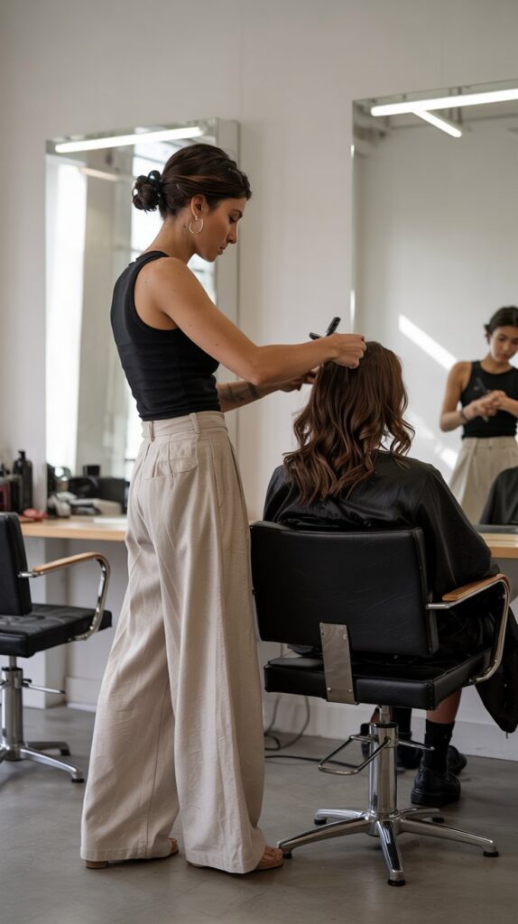 33 Polished Summer Hairstylist Outfits for Work 2 Linen Wide-Leg Trousers with Fitted Tank Top