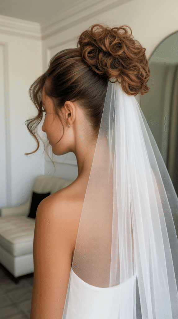 Best 30+ Wedding Hairstyles for Long Curly Hair 6 Textured High Bun with Face-Framing Pieces