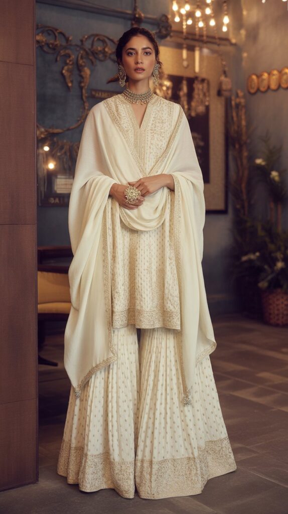 22 Gorgeous Indian Winter Outfits for Women You'll Love 22 Pashmina-Lined Shawl with Sharara