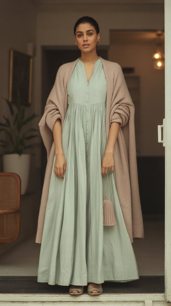 22 Gorgeous Indian Winter Outfits for Women You'll Love 6 Cashmere Cardigan Over Anarkali