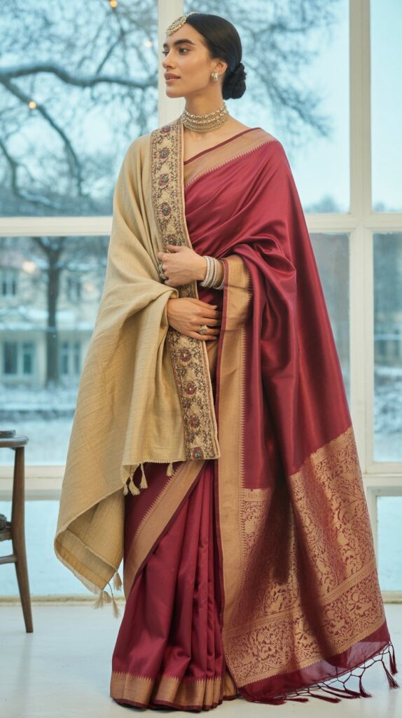 22 Gorgeous Indian Winter Outfits for Women You'll Love 1 Pashmina Shawl with Silk Saree