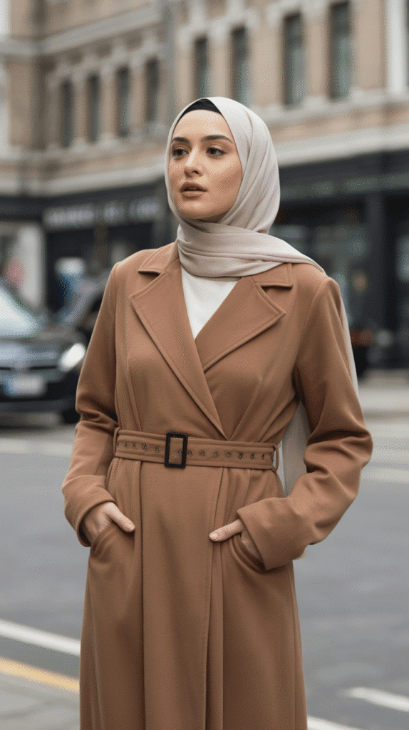 25 Modest Winter Outfits for Women with Hijab That Stay Fashionable 7 Belted Coat Dress