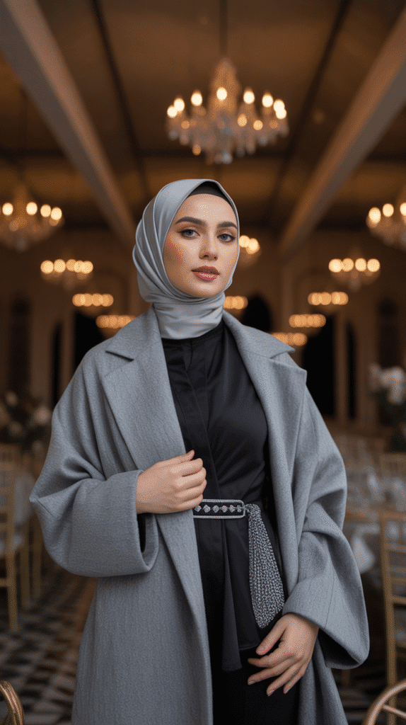 25 Modest Winter Outfits for Women with Hijab That Stay Fashionable 12 Oversized Scarf Coat Over Layered Outfit