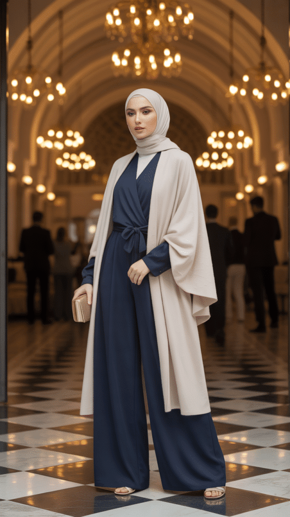25 Modest Winter Outfits for Women with Hijab That Stay Fashionable 14 Cashmere Wrap with Wide-Leg Jumpsuit