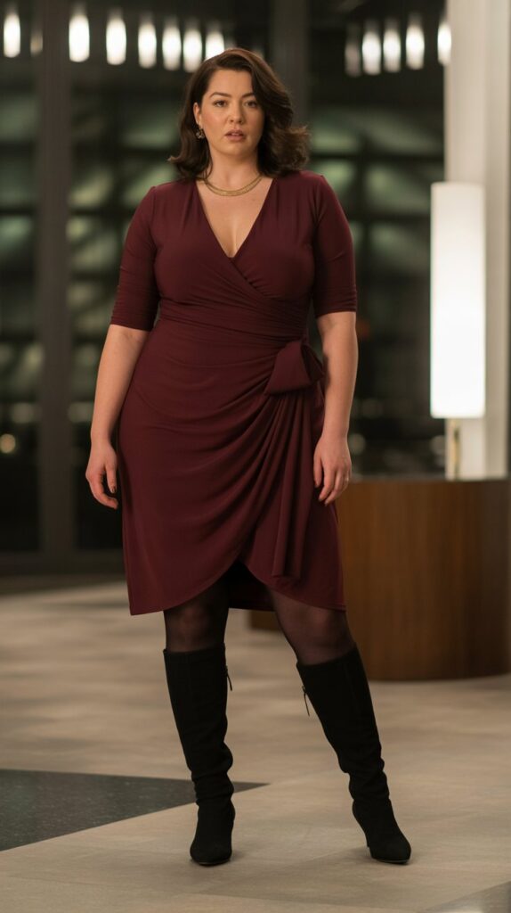 28 Trendy Plus-Size Winter Outfits for Women to Rock This Season 3 Belted Wrap Dress with Tights and Boots