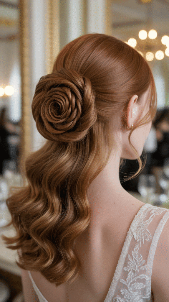 30 Trendy Half-Up Half-Down Hairstyles for HoCo 2025 6 Twisted Rose Bun Half-Up