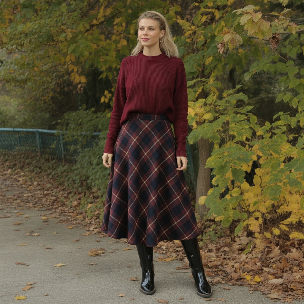 40 Winter Outfit Ideas for Women to Stay Warm and Stylish 22 . Wool Skirt with Sweater and Tall Boots