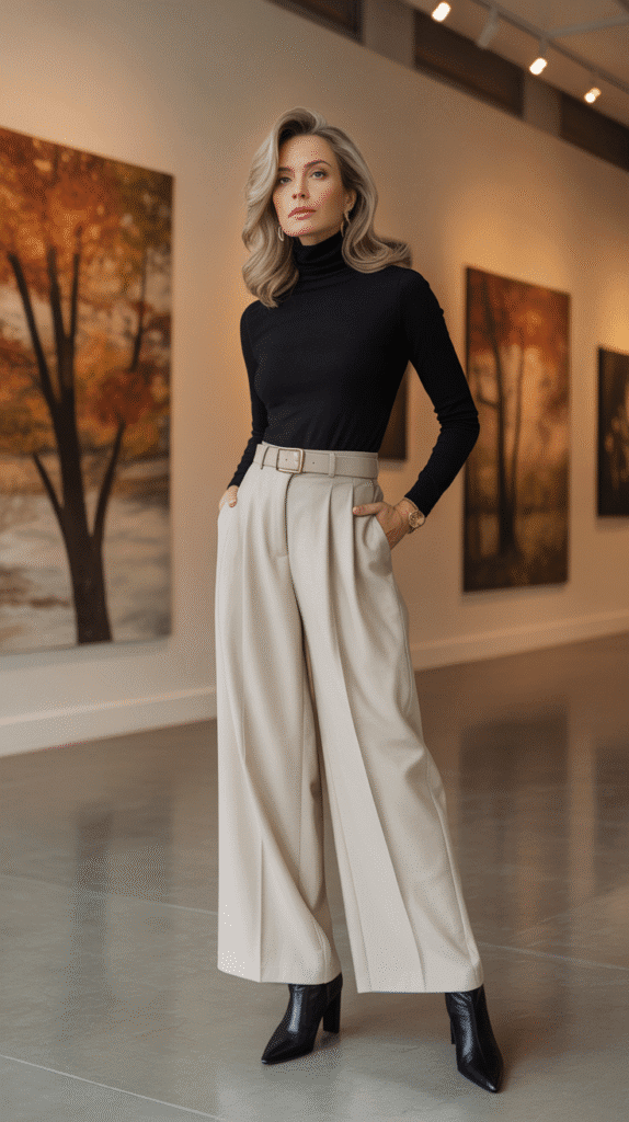 30 Stylish Casual Fall Outfits for Women Over 40 11 Turtleneck with Wide-Leg Trousers