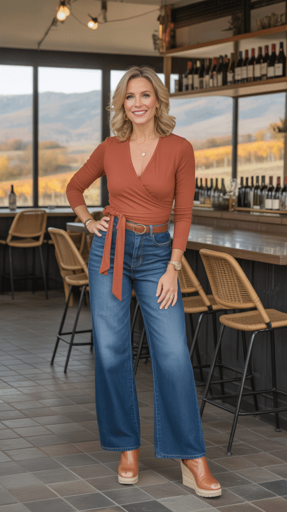 30 Stylish Casual Fall Outfits for Women Over 40 29 Wrap Top with Wide-Leg Jeans