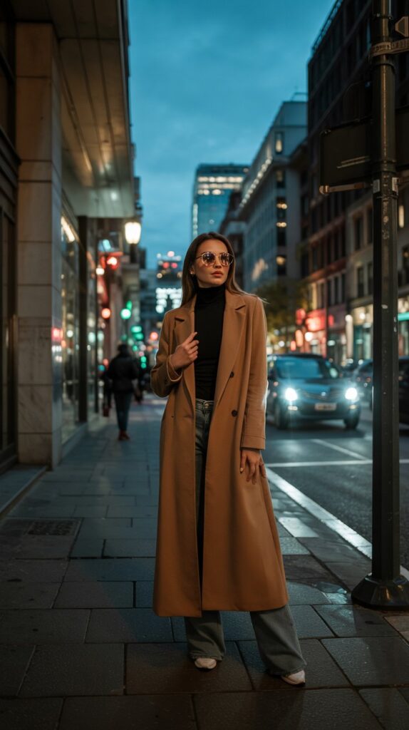 32 Casual Night-Out Fall Outfits for Women 12 Long Coat Over Jeans and Turtleneck