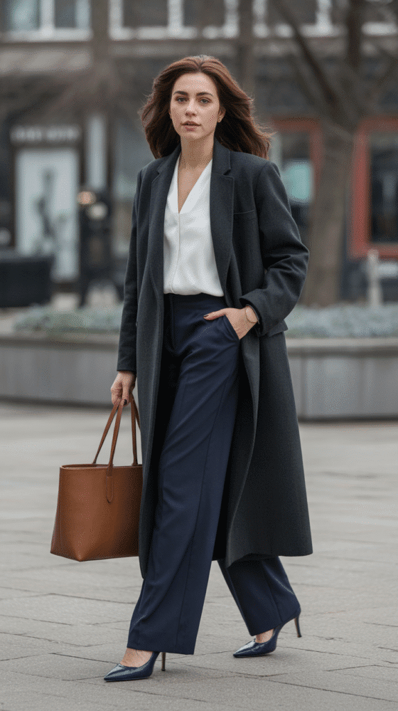 Long Wool Coat with Wide-Leg Trousers