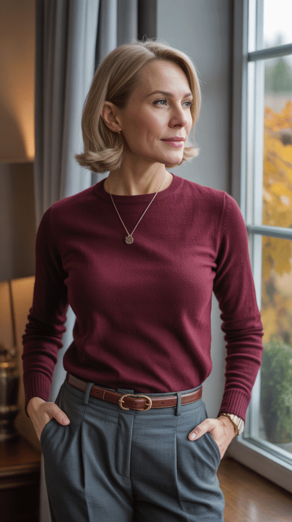 30 Stylish Casual Fall Outfits for Women Over 40 2 Cashmere Sweater with Tailored Trousers
