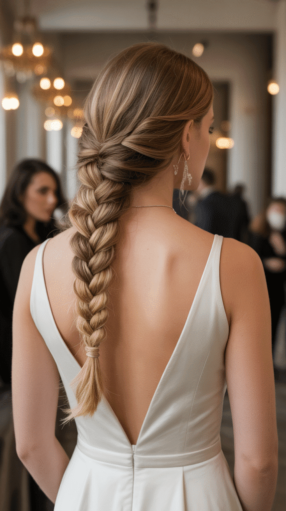 27+ Easy Wedding Guest Hairstyles for Long Hair 11 Dutch Braid into Low Bun