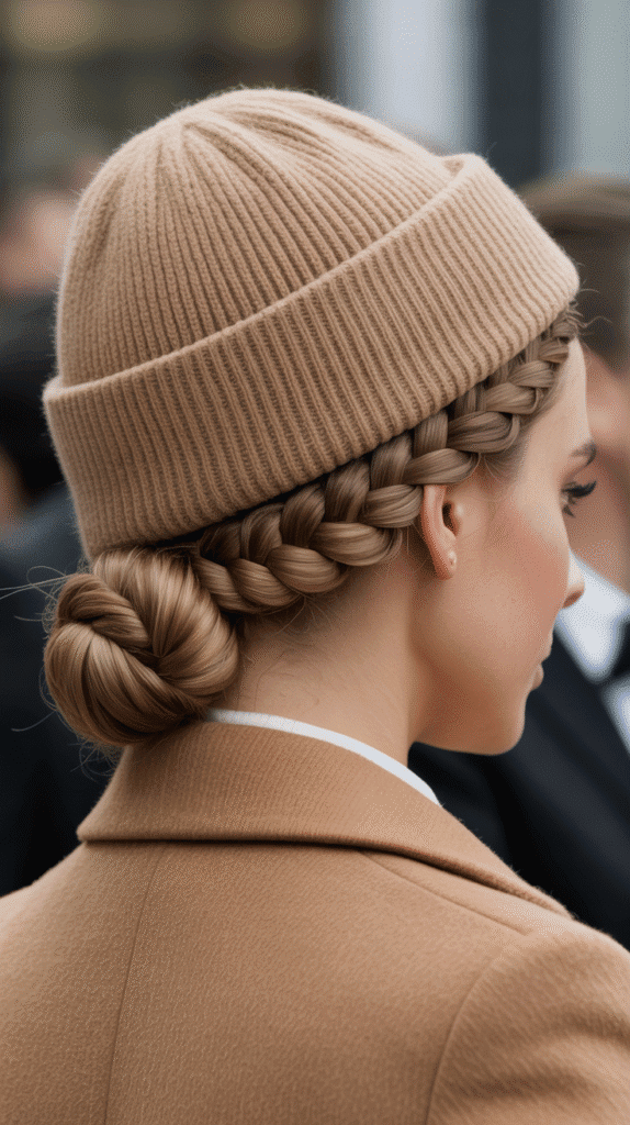33 Cozy Cute Winter Hairstyles with Beanies 29 Low Braided Bun with Classic Beanie
